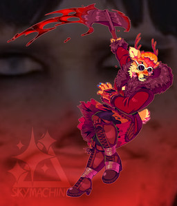 anthro antlers axe battle_axe black_nose blood blood_on_weapon bodily_fluids clothed clothing double_bitted_axe eyewear fur hair horn male melee_weapon solo sunglasses weapon skymachine deer mammal hi_res
