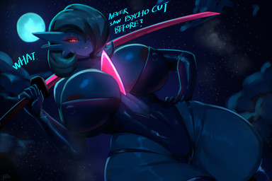 areola armwear biped breasts clothed clothing dialogue eyebrows female fingers full_moon glowing glowing_eyes hair legwear moon night nipple_outline outside solo text weapon sana!rpg nintendo pokemon gardevoir generation_3_pokemon humanoid mammal pokemon_(species) 2025 3:2 digital_media_(artwork) english_text hi_res