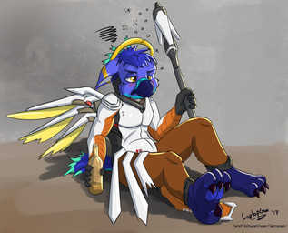 drunk solo substance_intoxication text laptopgun blizzard_entertainment mythology overwatch lappy mercy_(overwatch) avian gryphon mythological_avian mythological_creature hi_res url