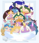 alternate_costume blonde_hair blue_hair bowl chibi container curved_horn dessert female food green_hair group hair horn ice_cream iridescent_eyes long_hair purple_body purple_skin simple_background white_hair xyrmu league_of_legends riot_games tencent soraka humanoid 2023 absurd_res hi_res watermark