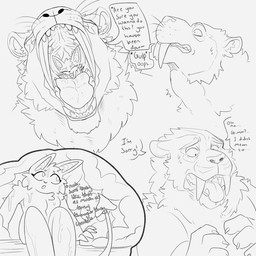ambiguous_gender ambiguous_prey anthro anthro_prey big_fangs cheek_tuft chest_tuft duo ears_back facial_tuft fangs front_view huge_fangs male male_anthro male_pred neck_tuft nude open_mouth oral_vore pivoted_ears simple_background sitting speech_bubble teeth text tongue tongue_out tuft vore swampjaws swamp_jaws_(imperatorcaesar) felid mammal 1:1 english_text hi_res monochrome sketch