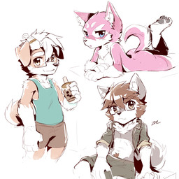 blue_eyes butt eyewear fur glasses looking_at_viewer lying male on_front open_mouth pink_body pink_fur pubes simple_background sitting smile white_background sollyz canid canine canis domestic_dog mammal 1:1 2019 hi_res signature