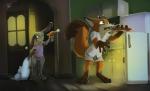 anthro barefoot clothed clothing detailed_background duo feet female food fur green_eyes grey_body grey_fur male off_shoulder orange_body orange_fur pillow purple_eyes sandwich_(food) shooting tranquilizer mechagen disney zootopia judy_hopps nick_wilde canid canine fox lagomorph leporid mammal rabbit 2018 digital_media_(artwork) hi_res