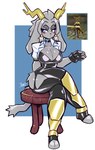 anthro antlers armor big_breasts blue_eyes breasts chair cleavage clothed clothing female fingers fur furniture greaves grey_body grey_fur grey_hair hair horn legwear simple_background sitting solo tail thick_thighs thigh_highs topwear jamoart pseudoregalia sybil_(pseudoregalia) ambiguous_species bovid caprine felid feline goat jackalope lagomorph leporid mammal rabbit absurd_res hi_res