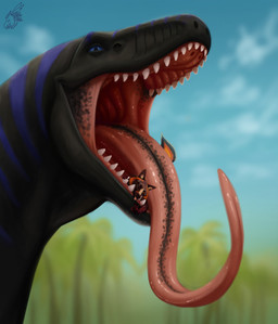 anthro black_body black_fur blue_eyes blue_sky cloud day duo forest fur logo long_tongue macro male male/male micro mouth_shot open_mouth orange_body orange_eyes orange_fur outside palm_tree pinned pinned_by_tongue plant purple_body purple_stripes sharp_teeth size_difference sky striped_body stripes teeth tongue tongue_out tree under_tongue vore zeanlain flynn_(zeanlain) canid canine fox mammal reptile scalie 2022 artist_logo colored hi_res