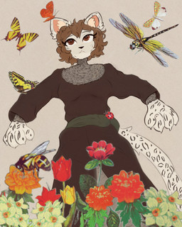 abstract_art abstract_background anthro breasts brown_eyes brown_hair chainmail claws clothing collage_background female flower fur hair knight lying nature nature_background on_back paws plant realistic robe sash solo tail warrior white_body white_tail greengirdle fan_character felid mammal pantherine snow_leopard 4:5 absurd_res collage_(artwork) hi_res