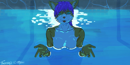 5_fingers anthro beckoning blep breasts cleavage clothed clothing female fingers fur gesture green_eyes hair humanoid_hands in_pool inner_ear_fluff mostly_submerged partially_submerged pupils purple_hair slit_pupils solo swimming_pool tongue tongue_out tuft yellow_body yellow_fur triggerz chainsaw_man i'll_teach_you_everything_(chainsaw_man) felid feline mammal 2:1 hi_res