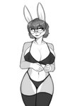 alternate_species anthro big_breasts bra breasts cleavage clothed clothing dark eyewear female fur glasses hair huge_breasts legwear lingerie multicolored_body multicolored_fur navel open_mouth panties smile solo stockings two_tone_body two_tone_fur underwear underwear_only mortarionlordofdeath millie_(mortarionlordofdeath) lagomorph leporid mammal rabbit greyscale hi_res monochrome