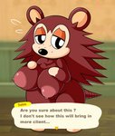 anthro big_breasts bodily_fluids breasts brown_body brown_fur featureless_feet featureless_hands feet female flying_sweatdrops fur genitals half-closed_eyes narrowed_eyes nipples nude pussy solo sweat sweatdrop text mia_(artist) pervymarioman animal_crossing nintendo sable_able eulipotyphlan hedgehog mammal 2020 absurd_res english_text hi_res