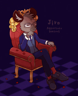 5_fingers accessory anthro blue_clothing blue_suit brown_body brown_fur chair clock clothing crossed_legs eyewear fingers flower footwear fur furniture glasses hand_on_chin looking_at_viewer male necktie on_chair petals plant rose_(flower) shoes sitting sitting_on_chair skinny skinny_anthro solo suit throne watch wristwatch koma_kobako aggretsuko netflix sanrio jiro_haida_(aggretsuko) hyena mammal spotted_hyena hi_res