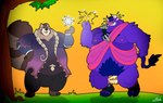 anthro belly big_bulge brown_body brown_fur bulge duo fur hooves horn male male/male musclegut muscular nipples pecs purple_body purple_fur artur_oink killigan's_treasure killigan bovid bovine canid canine cattle mammal raccoon_dog tanuki