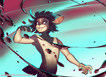 5_fingers abstract_background anthro fingers liquid magic_user male multicolored_body solo text rexwind hare lagomorph leporid mammal digital_media_(artwork) url