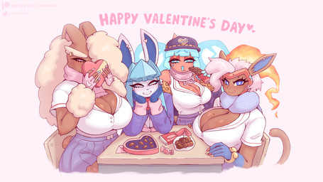 5_fingers animal_print anthro big_breasts blue_eyes blue_fingernails blue_nails blush bottomwear box_of_chocolates breasts candy chocolate chocolate_bar circle_eyebrows cleavage clothed clothing colored_nails dessert ear_piercing eyebrow_piercing eyebrow_through_hair eyebrows eyelashes facial_piercing female fingerless_gloves fingernails fingers fire flaming_hair food gloves grin group hair handwear hat headgear headwear heart_pupils holding_candy holding_chocolate holding_food holding_object holidays leopard_print licking licking_lips licking_own_lips looking_at_viewer markings mole_(marking) mole_on_breast nails piercing pink_clothing pink_fingerless_gloves pink_fingernails pink_gloves pink_handwear pink_nails pink_scarf pleated_skirt pseudo_hair red_fingernails red_nails scarf skirt smile tail text tongue tongue_out translucent translucent_hair yellow_fingernails yellow_nails gammainks nintendo pokemon valentine's_day jun_(gammainks) kotomi_(gammainks) mizuki_(gammainks) nanako_(gammainks) eeveelution generation_4_pokemon glaceon infernape lopunny normal_rotom pokemon_(species) rotom 16:9 2026 artist_name digital_media_(artwork) hi_res widescreen