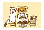 ambiguous_gender black_eyes black_nose border brown_body candy chibi dessert dot_eyes duo eating feral food hair hair_trimming kemono personal_grooming simple_background sitting styling_hair trimming_(grooming) white_body white_border shi_nominmin ailurid mammal mustelid musteline red_panda stoat true_musteline weasel 2023 hi_res