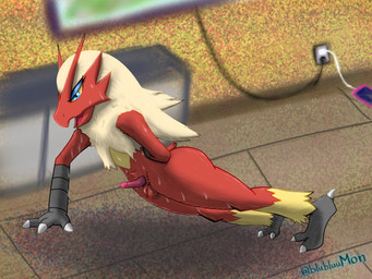anthro avian_feet balls blue_eyes bodily_fluids butt claws exercise femboy genitals hand_behind_back male non-mammal_balls penis push-up red_body solo sweat blubluumon nintendo pokemon blaziken generation_3_pokemon pokemon_(species) 4:3 hi_res
