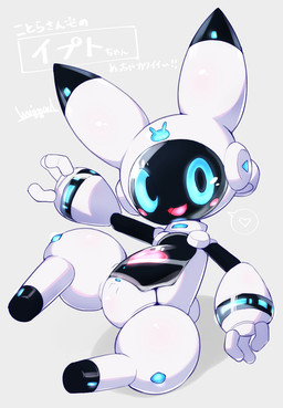 3_fingers ambiguous_anthro ambiguous_gender animal-shaped_markings anthro big_eyes big_head blush blush_stickers dipstick_ears ear_markings featureless_crotch featureless_feet feet fingers front_view grey_background heart_(marking) leg_markings looking_at_viewer machine markings multicolored_ears nude open_mouth open_smile reclining screen screen_face simple_background smile socks_(marking) solo text thick_thighs young young_ambiguous young_anthro wuirnad ept_(cotora) lagomorph leporid mammal rabbit robot robot_anthro 2020 full-length_portrait hi_res japanese_text portrait translation_request female_(lore)