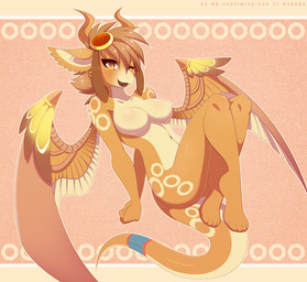 anthro arm_support beak biped breasts feathered_wings feathers featureless_breasts female fur membrane_(anatomy) membranous_wings navel non-mammal_breasts nude one_eye_closed orange_body orange_eyes orange_fur pattern_background simple_background sitting solo tail wings wink re-sublimity-kun mythology dragon feathered_dragon feathered_scalie mythological_creature mythological_scalie scalie 2016 digital_media_(artwork)