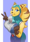 anthro balancing belt beverage big_breasts big_butt blue_eyes breasts brown_stripes butt clothing curvy_figure female fur gesture gloves hair hand_gesture handwear looking_at_viewer ponytail solo stripes thick_thighs tight_clothing v_sign voluptuous yellow_body yellow_fur unknown_artist ratchet_and_clank sony_corporation sony_interactive_entertainment angela_cross alien lombax mammal absurd_res hi_res