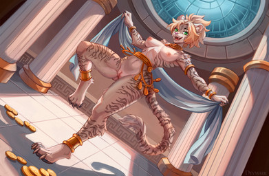 action_pose ancient_greece ancient_rome anthro areola big_breasts blonde_hair blue_clothing bottomless bracelet breasts claws clothed clothing coin collar dancewear dancing detailed_background egyptian female fur genitals gold_(metal) gold_coin gold_collar gold_jewelry green_eyes hair jewelry looking_at_viewer marble metal_collar natural_breasts necklace nipples nude open_mouth pawpads paws pillar pose smile solo striped_body stripes tail thick_thighs topless vulva white_body white_fur deymark esther_(waywardpossum) felid mammal pantherine tiger 2025 detailed digital_drawing_(artwork) digital_media_(artwork)