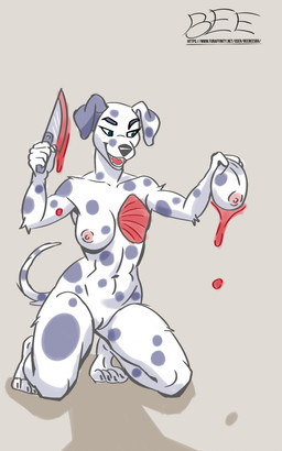 anthro blood bodily_fluids debreasted exposed_breast_tissue female genitals gore gore_focus happy knife mutilation nipples self-harm self_mutilation simple_background solo spots text vulva beebeesba canid canine canis dalmatian domestic_dog mammal absurd_res hi_res url