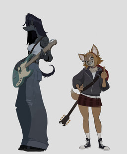 5_fingers anthro arm_tattoo bass_guitar belt biped black_belt black_boots black_bra black_clothing black_eyebrows black_eyes black_footwear black_hair black_nose black_shoes black_tail black_tattoo black_underwear black_wristband blue_bottomwear blue_clothing blue_jeans blue_pants boots bottomwear bra breasts brown_body brown_ears brown_eyes brown_fur brown_tail closed_frown clothed clothed_anthro clothed_female clothing collar cropped_tank_top denim denim_bottomwear denim_clothing dipstick_tail ear_piercing ear_ring electric_guitar eyebrows eyelashes female female_anthro fingers flipping_viewer_off footwear frown fur gesture grey_body grey_clothing grey_fur grey_hoodie grey_topwear grin grinning_at_viewer guitar guitar_strap hair half-closed_eyes hand_gesture hand_on_hip hand_on_own_hip head_tilt holding_guitar holding_musical_instrument holding_object hoodie jeans long_hair long_sleeves looking_at_viewer looking_down markings medium_breasts middle_finger midriff miniskirt mouth_closed multicolored_body multicolored_clothing multicolored_footwear multicolored_fur multicolored_shoes musical_instrument narrowed_eyes orange_hair pants pattern_bottomwear pattern_clothing pattern_skirt piercing plaid plaid_bottomwear plaid_clothing plaid_skirt plantigrade plucked_string_instrument red_bottomwear red_clothing red_collar red_hairband red_skirt ring_piercing sharp_teeth shirt shoes short_hair simple_background size_difference skirt skull_tattoo smile smiling_at_viewer sneakers snout socks solo standing string_instrument studded_belt studs tail tail_markings tan_body tan_eyebrows tan_fur tan_tail tan_tail_tip tank_top tattoo teeth topwear torn_bottomwear torn_clothing torn_jeans torn_pants two_tone_body two_tone_clothing two_tone_footwear two_tone_fur two_tone_shoes two_tone_tail underwear white_background white_clothing white_footwear white_inner_ear white_shirt white_shoes white_socks white_tank_top white_topwear wristband amugea darcy_(amugea) lita_(amugea) afghan_hound canid canine canis chihuahua domestic_dog hunting_dog mammal sighthound toy_dog 2026 absurd_res hi_res