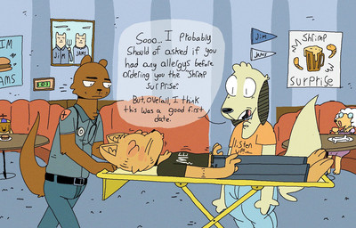 allergy anthro banknote belt black_belt black_clothing black_eyebrows black_nose black_shirt black_text black_topwear blue_bottomwear blue_clothing blue_pants bone booth_seating bottomwear brown_body brown_fur burger carpet chest_tuft clothing collared_shirt date denim denim_bottomwear denim_clothing detailed_background dialogue dress elderly_female emt eyebrows female flag flag_(object) floppy_ears food fur furniture group hair hat head_tuft headgear headwear inside jeans jewelry lying male medical_instrument money necklace necklace_only nude on_back orange_body orange_clothing orange_fur orange_shirt orange_topwear pants picture_frame plate poster restaurant scientific_instrument shirt speech_bubble standing stethoscope stretcher table tail tan_body tan_fur text topwear tuft white_hair agusta stich_(agusta) canid canine canis domestic_dog mammal mustelid otter 2025 comic english_text one_panel_comic