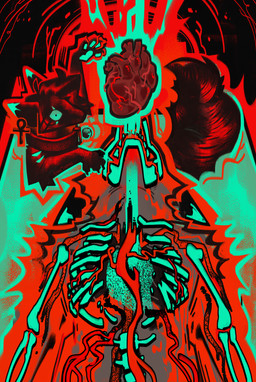 ambiguous_gender anthro arteries bell bell_collar blood bodily_fluids bone collar duo ear_piercing ear_ring feral heart_(organ) organs piercing ring_piercing vein time4ames kira_sol canid canine fox ghost mammal spirit absurd_res hi_res restricted_palette