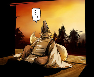 anthro asian_clothing biped cheek_tuft clothed clothed_anthro clothed_male clothing detailed_background east_asian_clothing eboshi ellipsis facial_hair facial_tuft frown fur headgear headwear japanese_clothing kariginu male male_anthro mustache plant sitting solo speech_bubble tail three-quarter_view tree tuft 8aaccoo canid canine fox mammal 2015 digital_media_(artwork) warm_colors