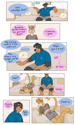 5_fingers anthro barefoot bedroom_eyes belly big_belly black_body black_fur black_hair black_nose book bottomwear brown_body brown_fur clothing collared_shirt dialogue duvet feet fingers fur furniture hair looking_at_another lounger lying male mature_male mullet narrowed_eyes on_front on_sofa picture_frame pillow pink_nose polo_shirt question_mark seductive shirt shorts side_table sitting slightly_chubby sofa speech_bubble striped_body striped_fur stripes tail tail_motion tailwag tan_body tan_fur text topwear translucent translucent_clothing whisker_spots white_body white_fur p_rindustries chuck_(p_rindustries) will_(p_rindustries) canid canine canis dobermann domestic_cat domestic_dog felid feline felis mammal pinscher 3:5 comic english_text hi_res