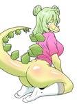 anthro back_plates big_breasts big_butt blue_eyes blush body_blush bottomless breasts bubble_butt butt butt_blush butt_focus clothed clothing curled_tail female footwear furgonomic_topwear furgonomics glistening glistening_body glistening_butt green_hair hair hair_buns kneeling looking_back non-mammal_breasts presenting presenting_hindquarters raised_tail rear_view scales shirt simple_background smile snout socks solo spiked_tail spikes spikes_(anatomy) t-shirt tail tail_plates thick_thighs three-quarter_view topwear white_background yellow_body yellow_scales kailestorart cavemanon_studios goodbye_volcano_high snoot_game stella_(gvh_beta) dinosaur ornithischian prehistoric_species reptile scalie stegosaurian stegosaurus thyreophoran 2024 3:4 digital_drawing_(artwork) digital_media_(artwork) full-length_portrait hi_res portrait