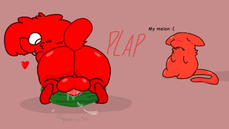 anthro balls big_butt butt duo feral food food_fetish food_penetration food_play fruit genitals improvised_sex_toy male male/male melon objectophilia plant red_body text toony watermelon nakeilyar wilt_(nakeilyar) 16:9 2d_animation animated frame_by_frame widescreen