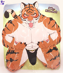 abs anthro areola barbell_piercing blush blush_lines bodily_fluids bukkake bulge clothed clothing clothing_bulge countershading cum cum_everywhere cum_on_chest cum_on_face cum_on_leg cum_on_tongue dialogue fangs fur genital_fluids jockstrap jockstrap_bulge jockstrap_only kneeling kneeling_oral_position male messy mostly_nude mostly_nude_anthro mostly_nude_male motion_lines muscular muscular_anthro muscular_male nipple_piercing nipples open_mouth orange_body orange_fur piercing quads shaking shivering solo stocky stripes teeth text tongue tongue_out topless trapezius underwear underwear_only white_body white_fur yellow_sclera pony_dreaming epic_games fortnite oscar_(fortnite) felid feline felis mammal pantherine tiger absurd_res english_text hi_res