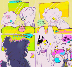 alternative_fashion anthro bright_colors dialogue duo electronics female furniture scene_(fashion) scene_haircut sitting sofa talking_to_another television text watching_television fr34kpet wynter_(fr34kpet) canid canine canis domestic_dog mammal 2024 comic english_text hi_res