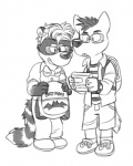 anthro backpack black_nose bow_(feature) bow_tie duo eyewear glasses male nerd genchi vasuki batman_(series) dc_comics neil_(character) tabasco_(character) canid canine canis mammal procyonid raccoon wolf monochrome