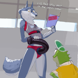 amber_eyes animal_dildo animal_sex_toy anthro breasts clothed clothing color_sketch dialogue dildo duo equine_dildo female fully_clothed genitals hat headgear headwear looking_down script sex_toy strapon text visor_cap magnetus illumination_entertainment sing_(movie) miss_crawly porsha_crystal canid canine canis iguana iguanid lizard mammal reptile scalie wolf 1:1 2024 english_text hi_res