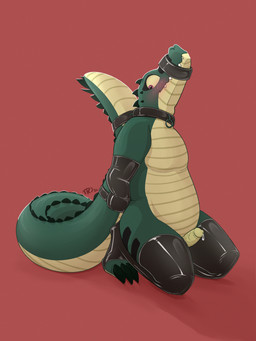 accessory anthro bdsm big_tail blush bodily_fluids bondage bound collar embarrassed erection furgonomics genital_fluids genitals latex male muzzle_(object) penis precum solo tail tail_accessory tailband therazzdazzler11 alligator alligatorid crocodilian reptile scalie absurd_res hi_res