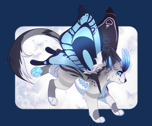 ambiguous_gender black_eyes black_markings black_nose blue_eyes blue_pawpads feral fur grey_body grey_fur insect_wings lepidopteran_wings looking_at_viewer markings pawpads ringed_eyes side_view smile solo sparklefur white_body white_fur wings bloominglynx canid canine hybrid mammal alpha_channel hi_res