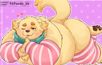 anthro armwear bedroom_eyes belly blush butt clothing fur genitals heart_symbol kemono legwear male mostly_nude narrowed_eyes one_eye_closed overweight overweight_male pawpads penis scarf seductive solo stockings wink yellow_body yellow_fur 96panda lifewonders tokyo_afterschool_summoners cu_sith_(tas) bird_dog canid canine canis domestic_dog golden_retriever hunting_dog mammal retriever hi_res