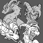 eyes_closed facial_expressions fangs feral hair horn multiple_expressions size_difference smile smirk smug teeth teeths blitzdrachin conditional_dnp mythology dragon mythological_creature mythological_scalie scalie 1:1 2024 absurd_res hi_res monochrome