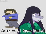 anthro clothing duo female green_clothing green_shirt green_topwear grey_body hair humor long_hair male purple_eyes shirt text topwear luxianodb daniela_sanchez fish human humanoid mammal marine shark 4:3 spanish_text trans_(lore) trans_woman_(lore)