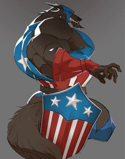 5_fingers anthro black_nose bodily_fluids bodysuit brown_body brown_fur clothed clothed_anthro clothed_male clothing drooling fangs fingers fur gloves handwear humanoid_hands male muscular muscular_anthro muscular_male saliva shield skinsuit solo tail teeth tight_clothing torn_bodysuit torn_clothing torn_gloves torn_handwear torn_skinsuit colatree_dog marvel mythology captain_america capwolf canid canine mammal mythological_canine mythological_creature werecanid werecanine werecreature werewolf hi_res