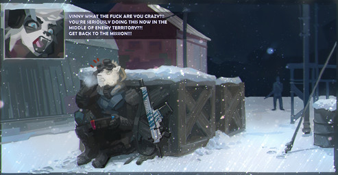 anthro boots bovid_horn calling caprine_horn clothing cold crate dialogue duo electronics female footwear gaming goat_horn gun handgun headgear headphones headset horn knife male military night_vision_goggles pistol playing_video_game profanity ranged_weapon rifle shoes snow teeth text topwear vest weapon vespertellino nintendo nintendo_switch bovid caprine goat mammal 2019 digital_drawing_(artwork) digital_media_(artwork) english_text