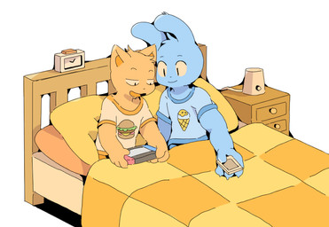 anthro bed blue_body blue_fur clock clothed clothing duo electronics fur furniture game_console male on_bed smile rokuyon nintendo nintendo_switch undertale undertale_(series) burgerpants nicecream_man domestic_cat felid feline felis lagomorph leporid mammal rabbit 2018