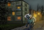 architecture building cutie_mark empty_eyes evening female feral horn plant solo text tree walking stirren hasbro my_little_pony mythology fan_character equid equine horse mammal mythological_creature mythological_equine pony unicorn hi_res url