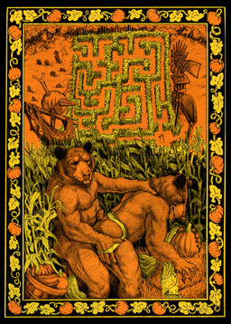 anal anthro belly black_border border butt butt_grab clothed clothing corn duo food fruit hand_on_butt jockstrap jockstrap_only male male/male maze outside plant public public_nudity public_sex pumpkin sex topless underwear underwear_only momamo bear black_bear mammal ursine 2025 absurd_res hi_res restricted_palette traditional_media_(artwork) warm_colors