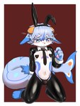 4_fingers anthro blue_body blue_eyes blue_fur blush bulge bunny_costume clothed clothing costume embarrassed fake_ears fake_rabbit_ears fingers fur hair male multicolored_body multicolored_fur navel necktie pasties paws shark_tail simple_background solo tail white_body white_fur xpfl257477 splash_(fur_splash) fish marine shark 2025 hi_res
