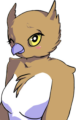 anthro beak black_eyes blush breasts female looking_at_viewer non-mammal_breasts one_eye_closed simple_background small_breasts solo white_background wink yellow_sclera jigglet avian bird owl bust_portrait half-length_portrait portrait source_request