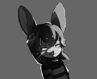 accessory anthro clothing dual_persona evil_grin flower flower_in_hair hair hair_accessory looking_at_viewer male pattern_clothing pattern_shirt pattern_topwear plant shadow shirt simple_background smile solo striped_clothing striped_shirt striped_topwear stripes topwear whiskers maiconsandey earthbound_(series) made_in_abyss nintendo alex_the_narehate narehate absurd_res dithering greyscale hi_res monochrome