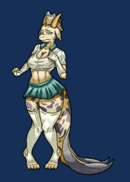 abs anthro armwear big_breasts bottomwear breasts clothed clothing elbow_gloves eyelashes female fin footwear gloves handwear horn legwear navel non-mammal_breasts non-mammal_navel open_clothing open_mouth open_shirt open_topwear shirt skirt socks solo spots tail tan_body tan_skin thick_thighs thigh_highs topwear white_clothing white_footwear white_shirt white_socks white_topwear worried ajicitoart kobold scalie absurd_res alpha_channel hi_res