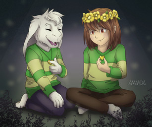 anthro clothing duo eyes_closed hair kneeling long_ears male open_mouth open_smile sitting smile young amandanello undertale undertale_(series) asriel_dreemurr chara_(undertale) human mammal better_version_at_source